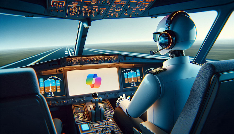 KI-generiertes Bild, dass einen Roboter als Copilot im Cockpit eines Flugzeugs zeigt.